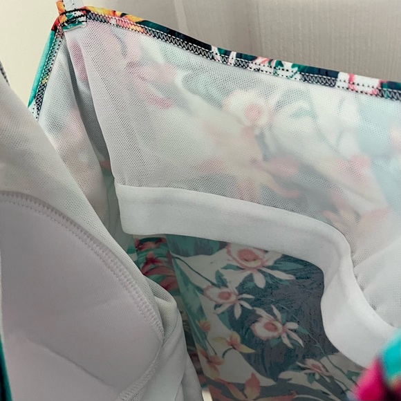 Tankini Halter Swim Tropical Floral Bathing Suit Top Teal Pink Yellow Size M - Picture 9 of 15